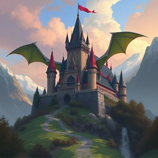 ファンタジー世界の城とドラゴン。ゲーム『ドラゴンズ・レガシー』のコンセプトアート。